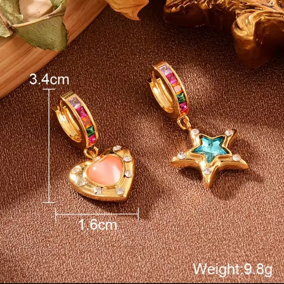 Gold Rainbow Charm Earrings –Heart & Star Drop, Colorful Crystal Statement Hoops - Picture 4 of 8
